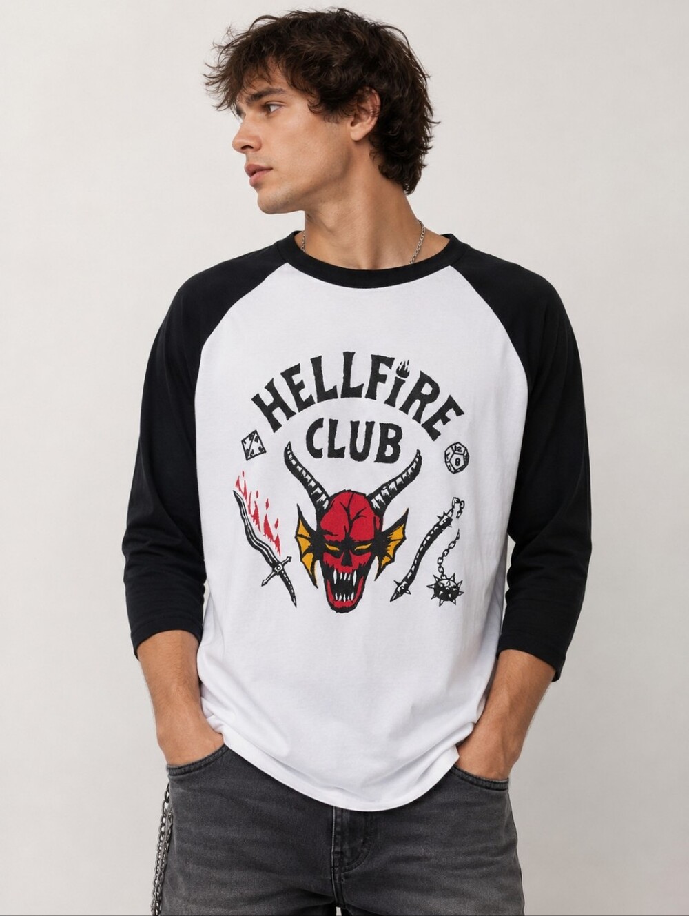 Netflix Stranger Things Hellfire Club Raglan Graphic Tee Shirt Large